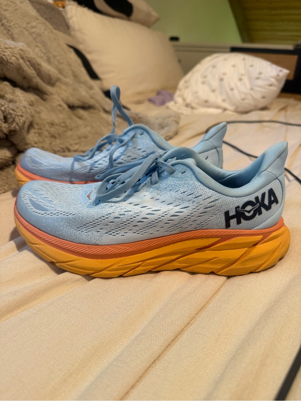 Hoka Clifton Light Blue and Orange-Yellow Cushioned Running Shoes